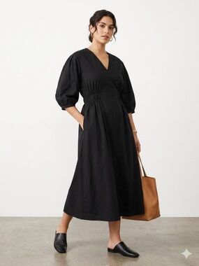 COS Black V-Neck Midi Dress Sz 8US/ 38EU Ruched Elastic Waist Puff Sleeve Pocket